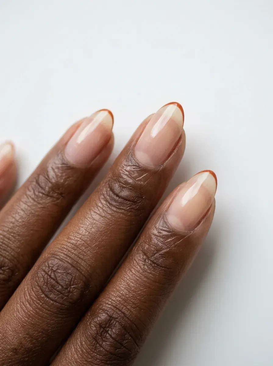 Thin burnt orange French tip line on natural-colored almond nails