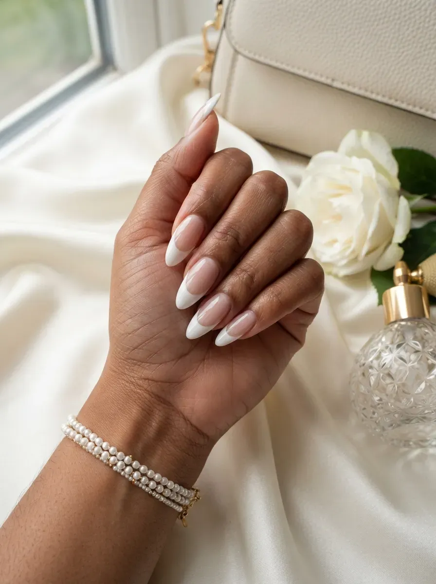 Long almond nails with dramatic curved white French tips on brown skin