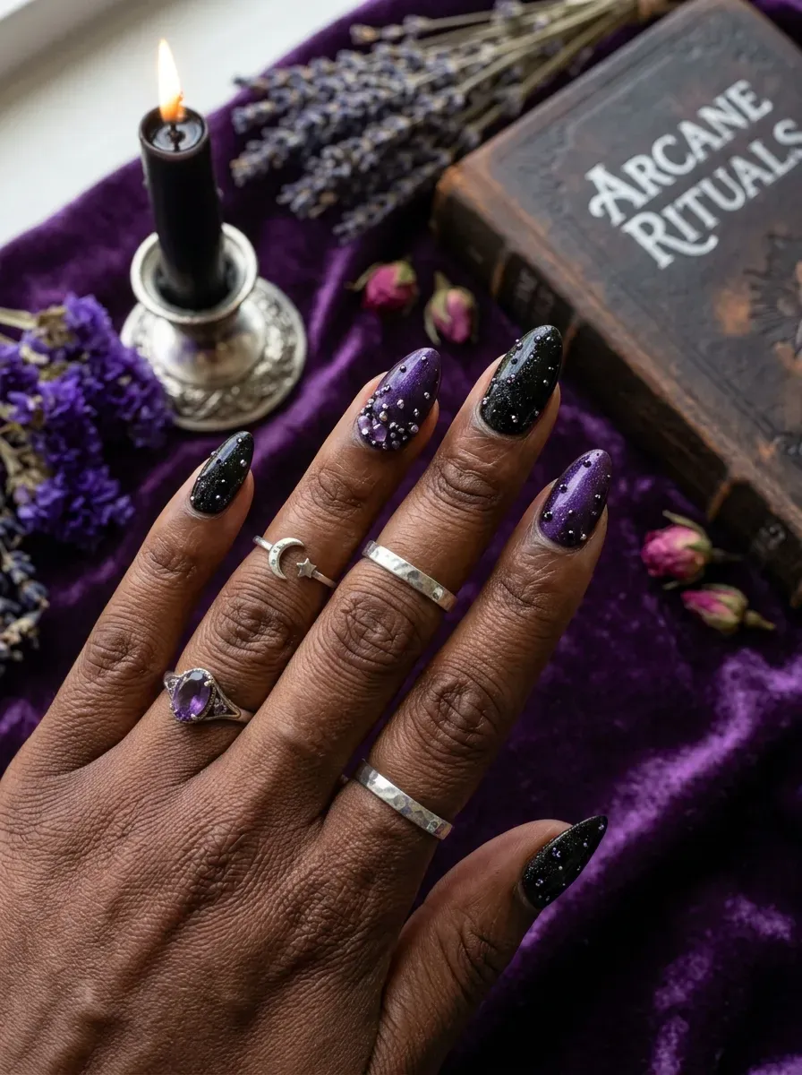 Black and purple Halloween witch manicure with glossy finish
