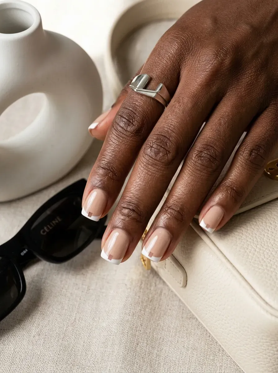 Natural nude nails with fine white French lines and small clear gaps