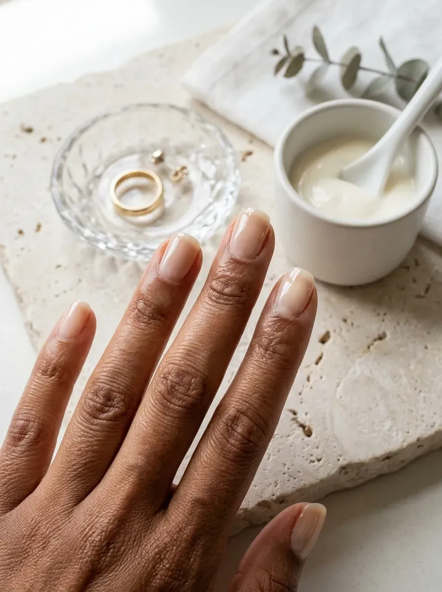 Natural short nails with glossy clear tips and translucent nude base