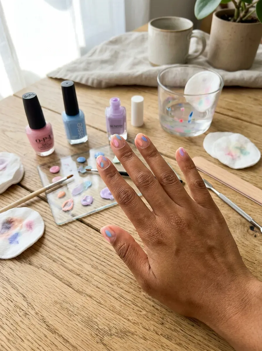 Clear short nails with loose pastel color dabs on brown skin