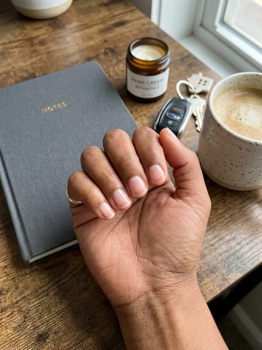Very short natural nails protected by a smooth clear strengthening overlay