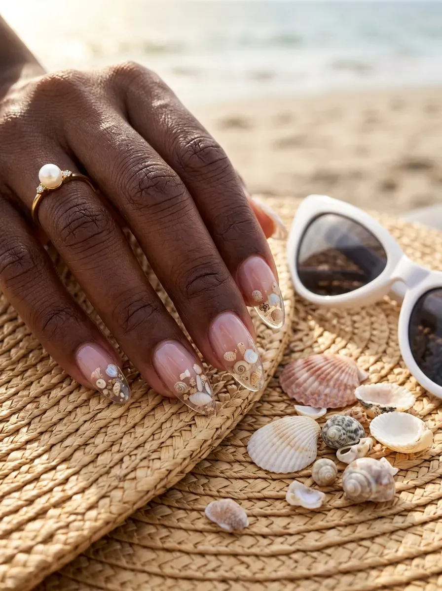 Clear almond French tips with tiny seashell details on chestnut skin