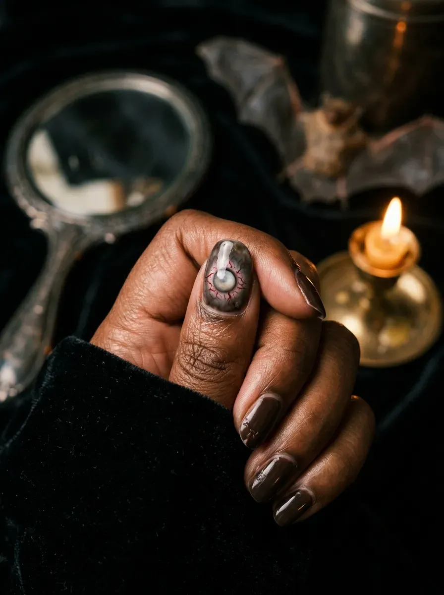 Close-up of a painted cloudy zombie eye nail accent on deep brown skin