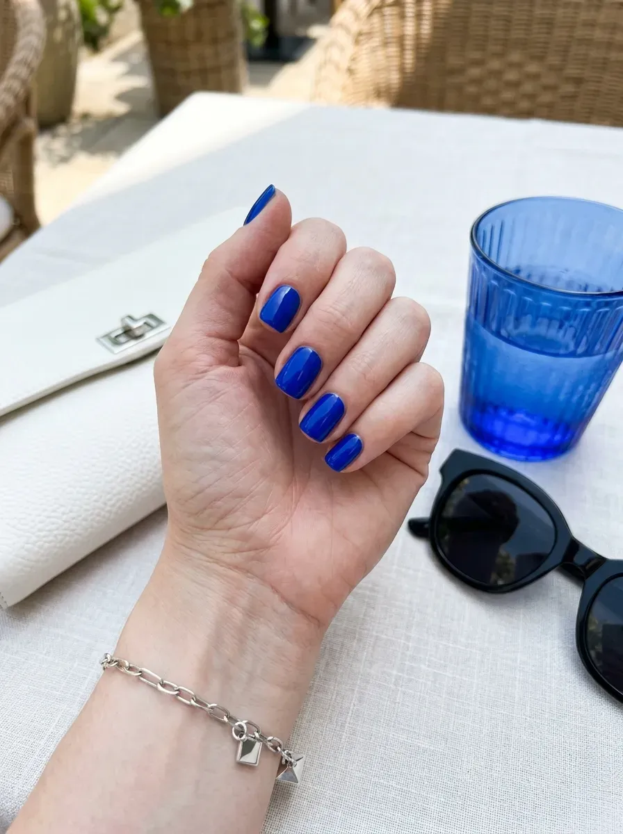 Short square nails coated in vivid glossy cobalt blue polish