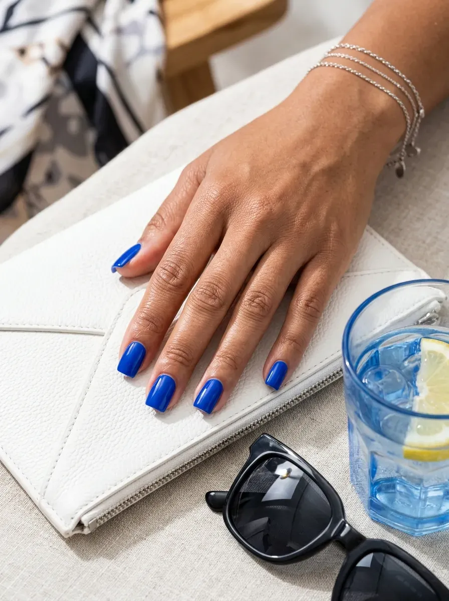 Short square nails coated in vivid glossy cobalt blue polish