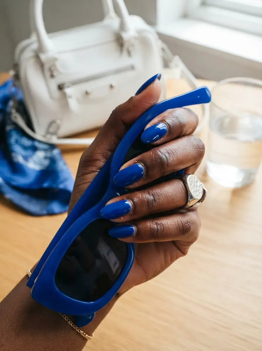 Cobalt blue deep French tips on almond nails with dark brown skin