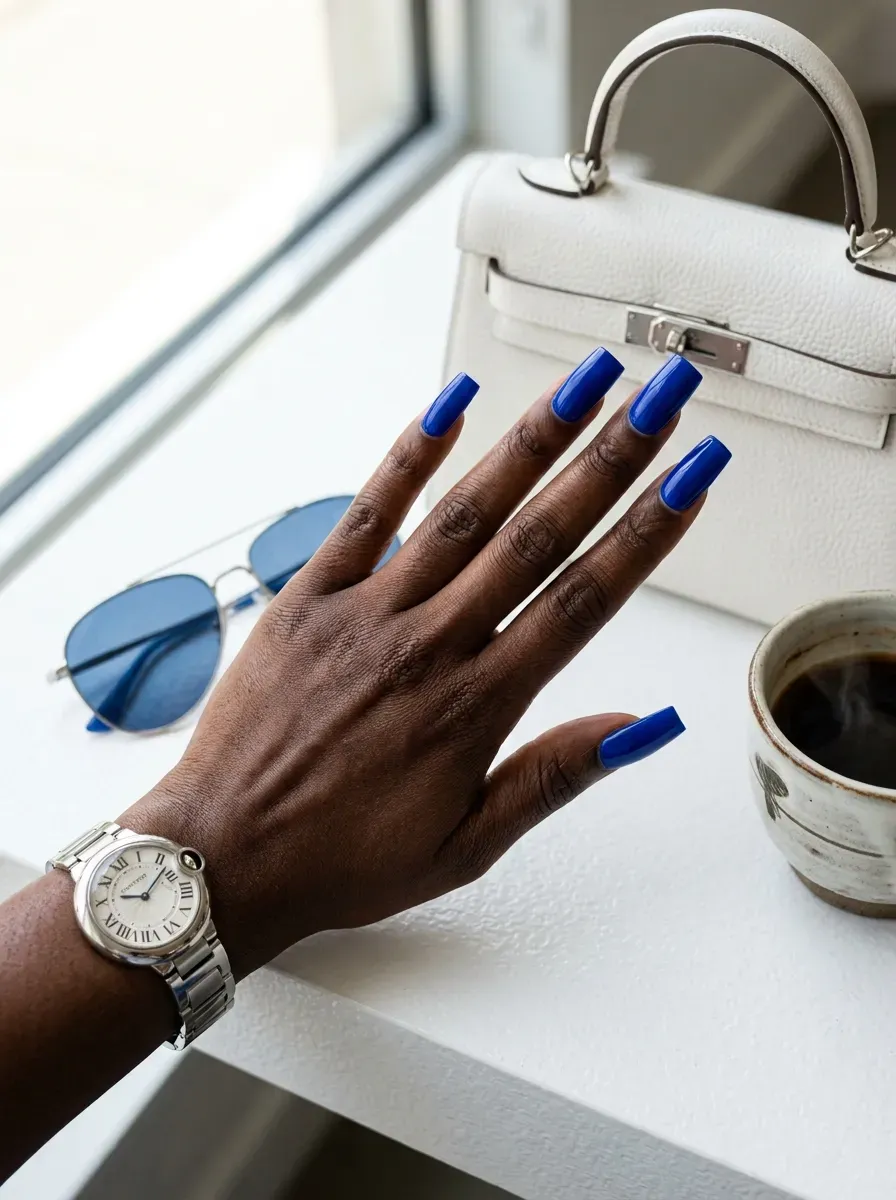 Long square cobalt blue nails on dark brown skin with silver accessories