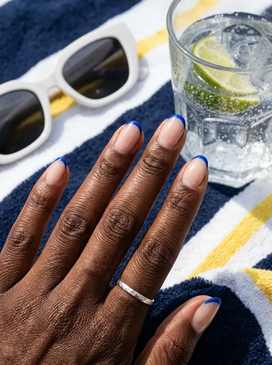 Short sheer nails with cobalt French tips on rich dark skin