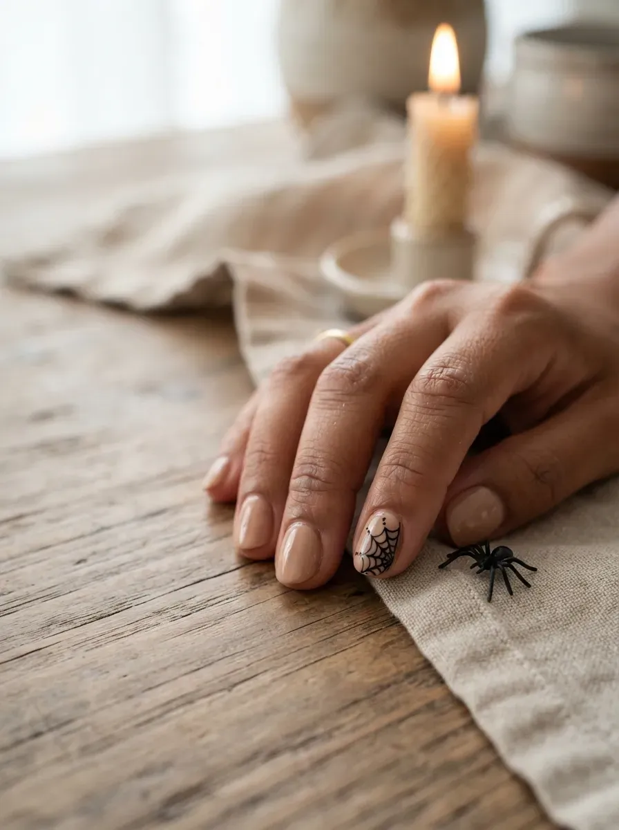 One short nude nail with a small black cobweb painted in the corner on warm brown skin