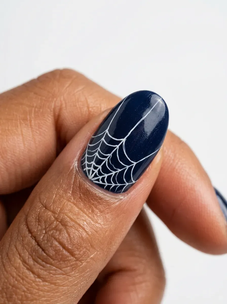 Thin hand-painted cobweb pattern in the corner of a nail