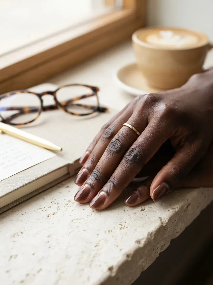 Semi-sheer cocoa brown nails on rich dark skin with neutral accessories