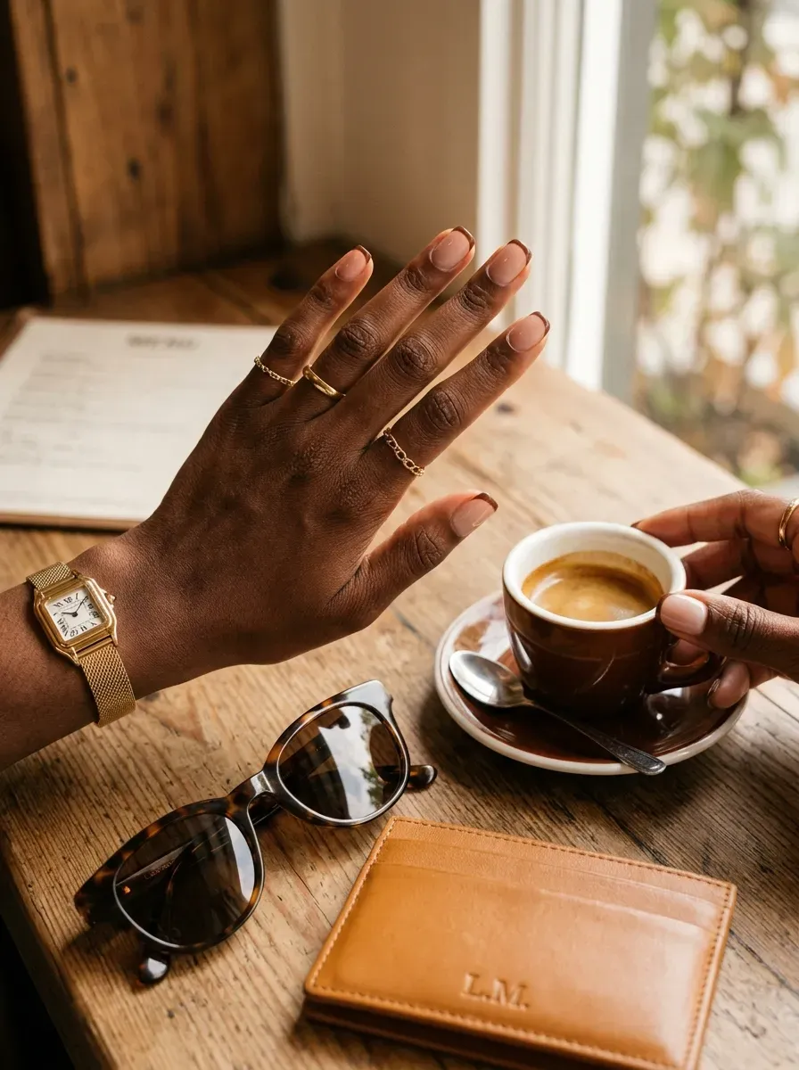Short nude nails with thin cocoa brown French tips on dark skin