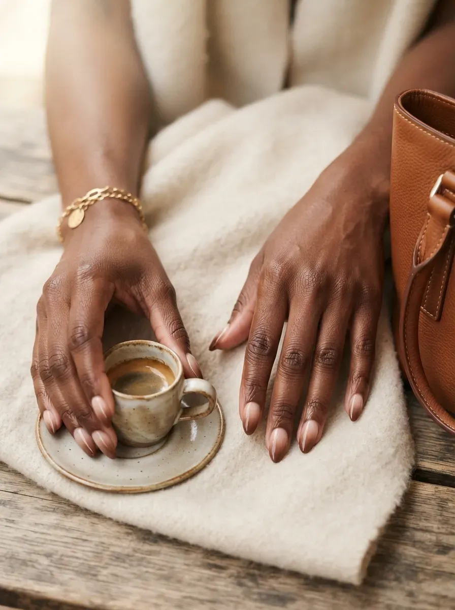 Nude to cocoa ombre almond nails on deep brown skin