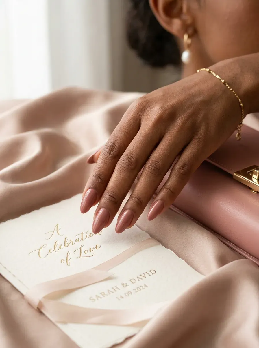 Cocoa rose almond nails on warm brown skin with blush formal accessories