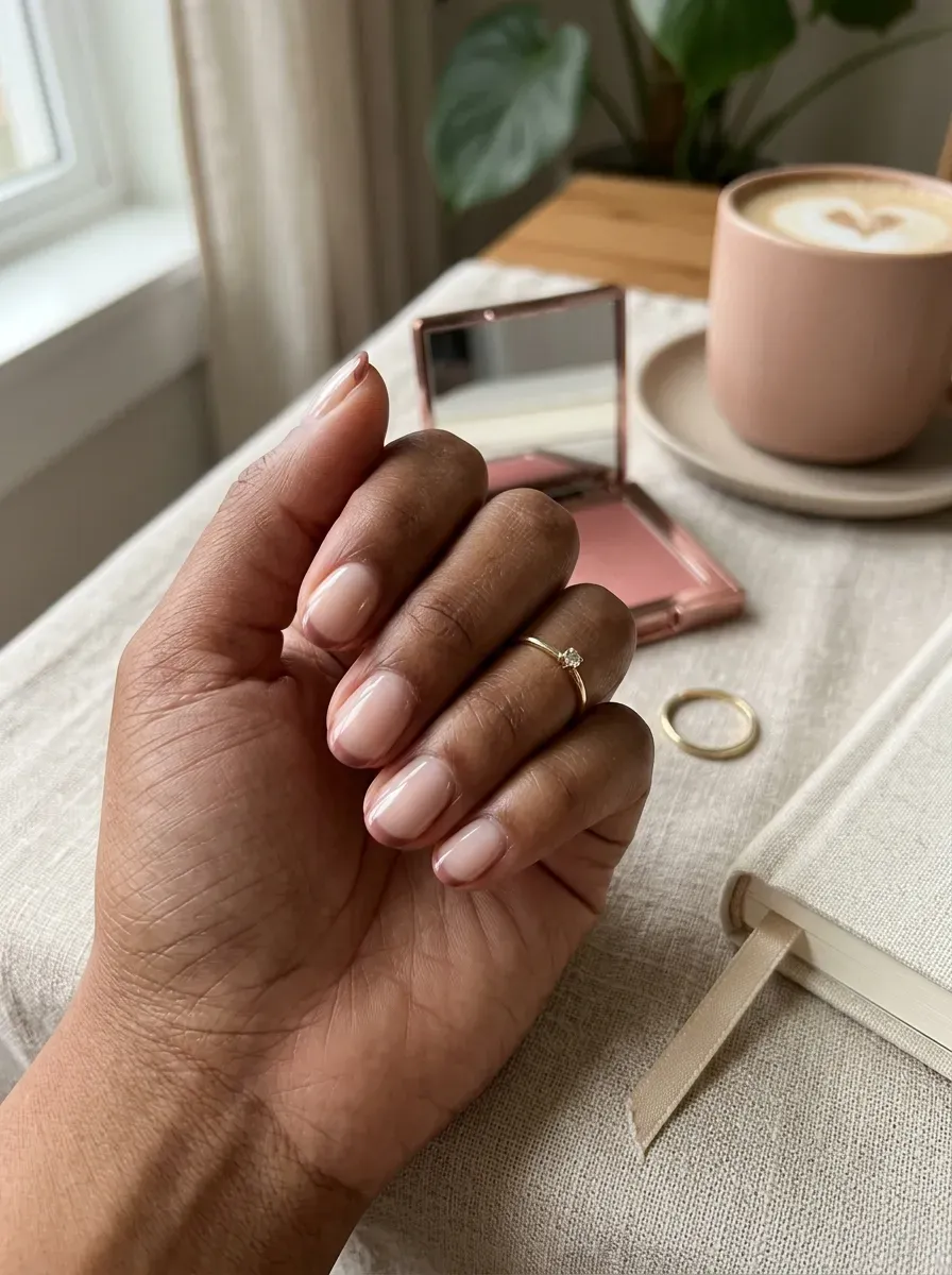 Short sheer nails with cocoa rose French tips on warm brown skin