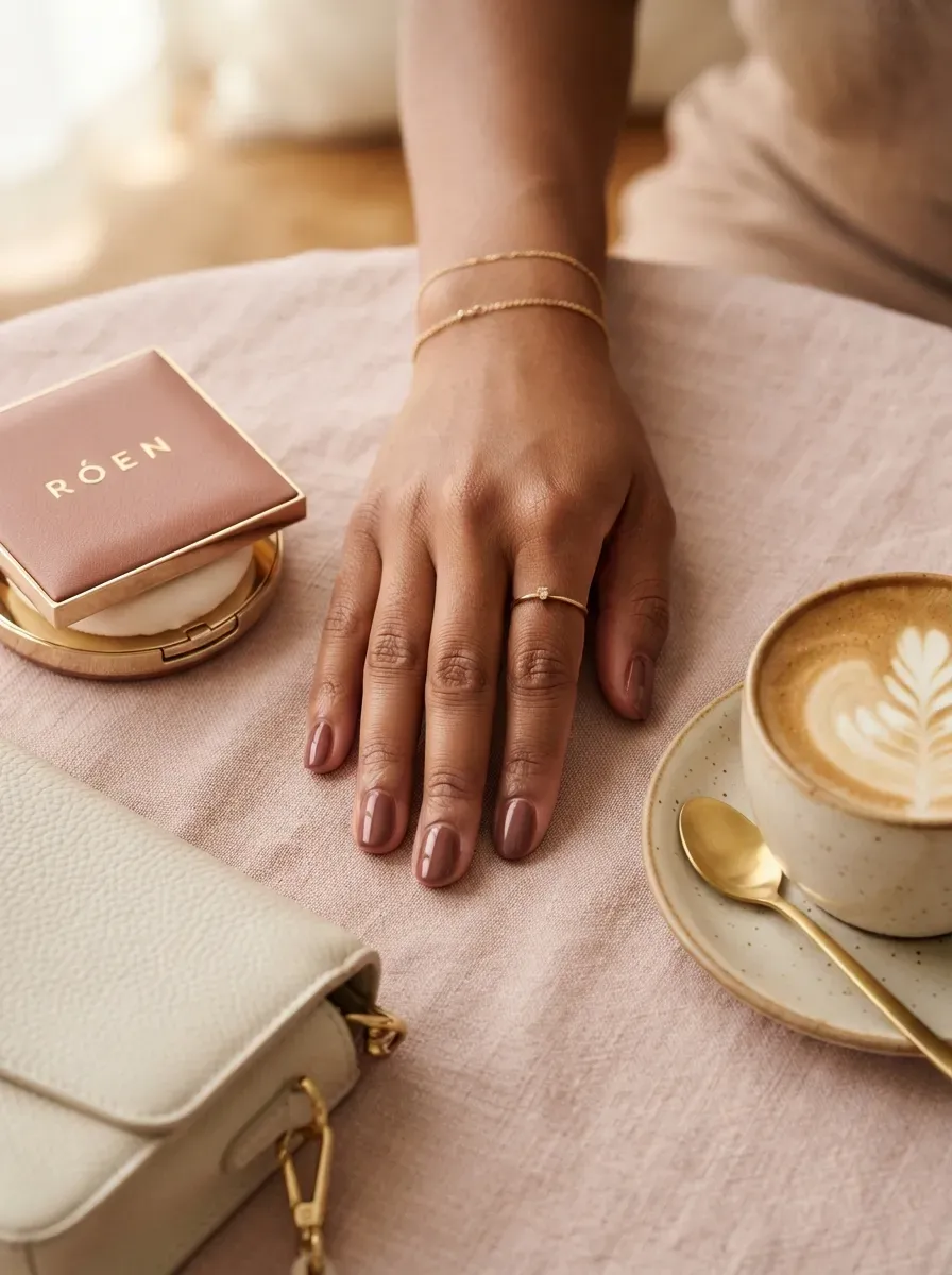 Cocoa rose rounded nails on warm brown skin with soft neutral styling