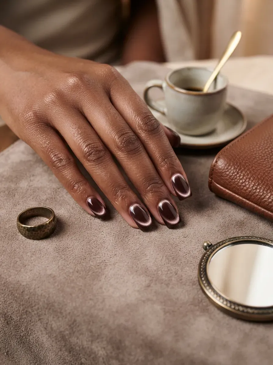 Cocoa velvet magnetic deep French tips on square nails with brown skin