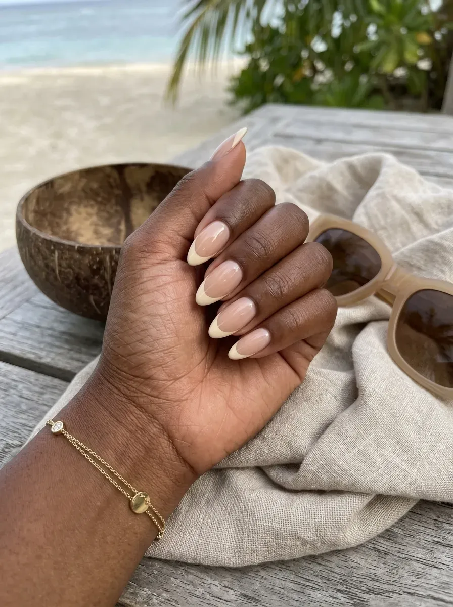 Creamy ivory French tips on almond nails with deep chestnut skin