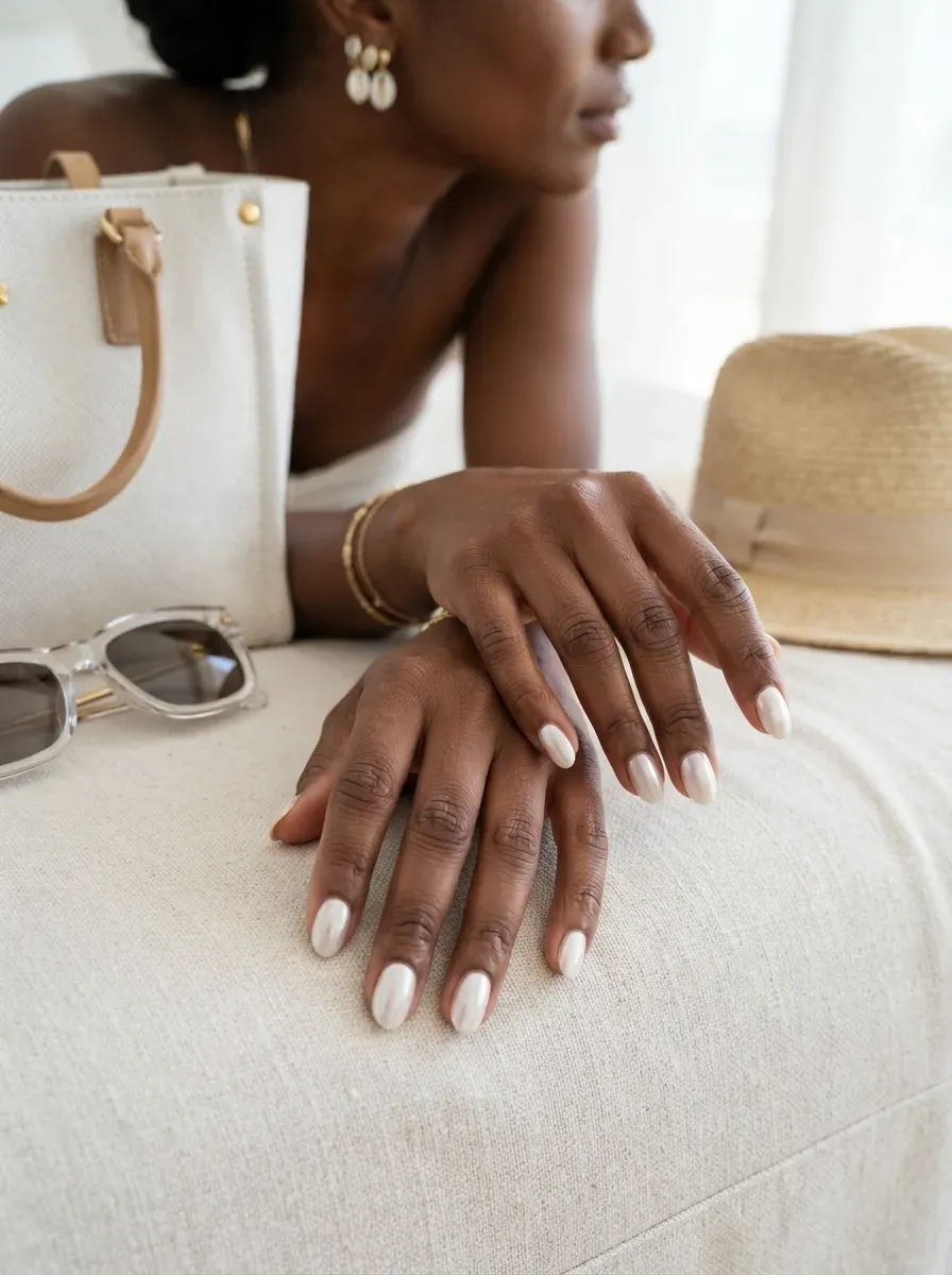 Coconut white pearl nails on deep chestnut skin with beach accessories