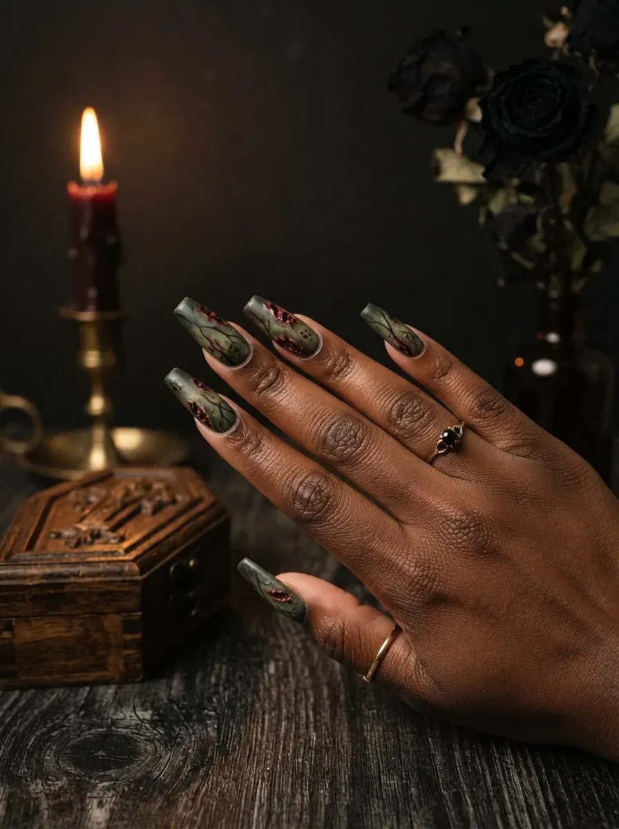 Long coffin-shaped nails with vein and bite mark zombie art on rich dark skin tone
