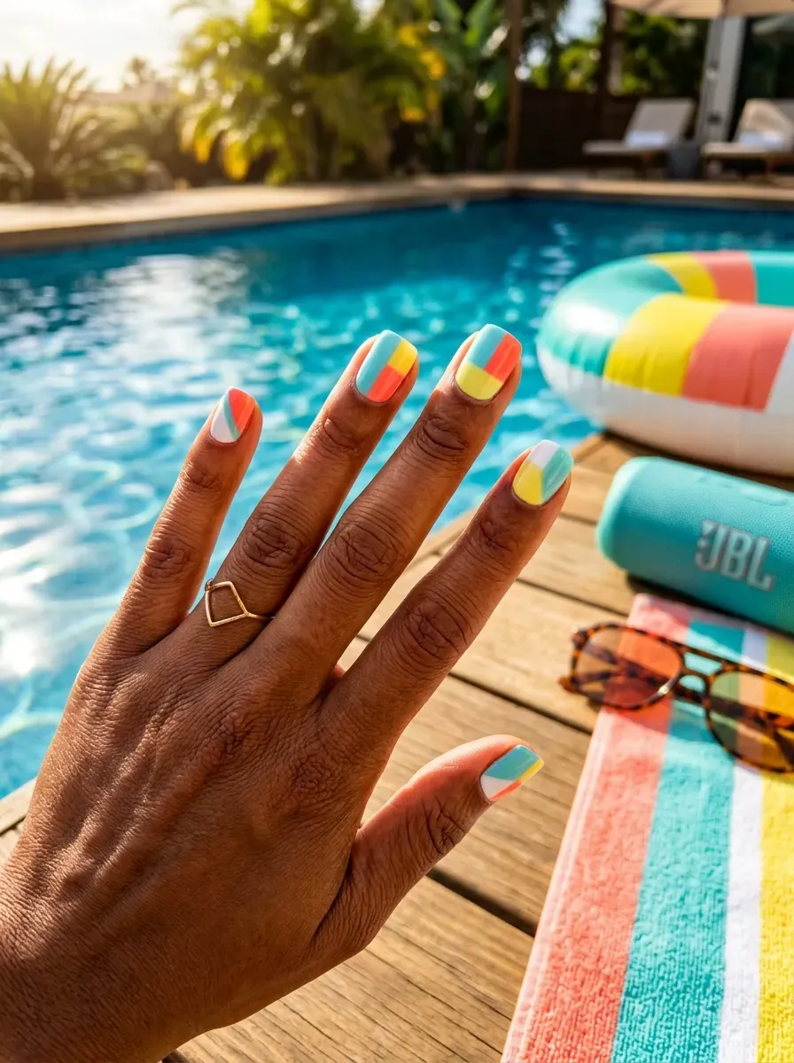 Bright color-block manicure combining aqua coral yellow and white sections