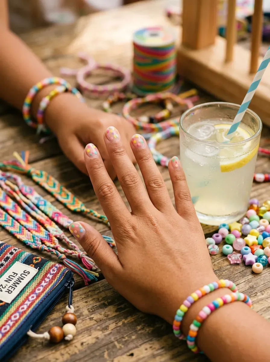 Short clear nails decorated with scattered colorful painted dots