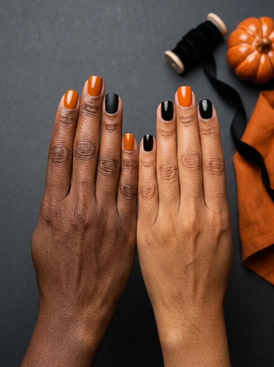 Two hands with opposite color block patterns of solid orange and black polish on deep brown skin and warm brown skin