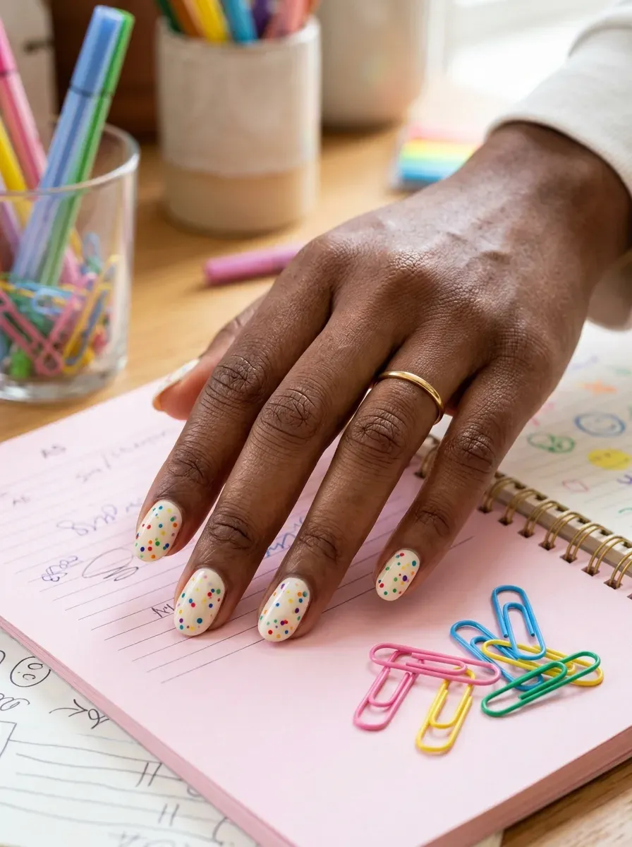 Cream short nails with colorful irregular confetti speckles on brown skin