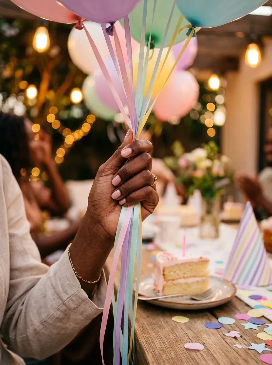 Hand with confetti splatter nail art holding a party balloon string at a birthday celebration