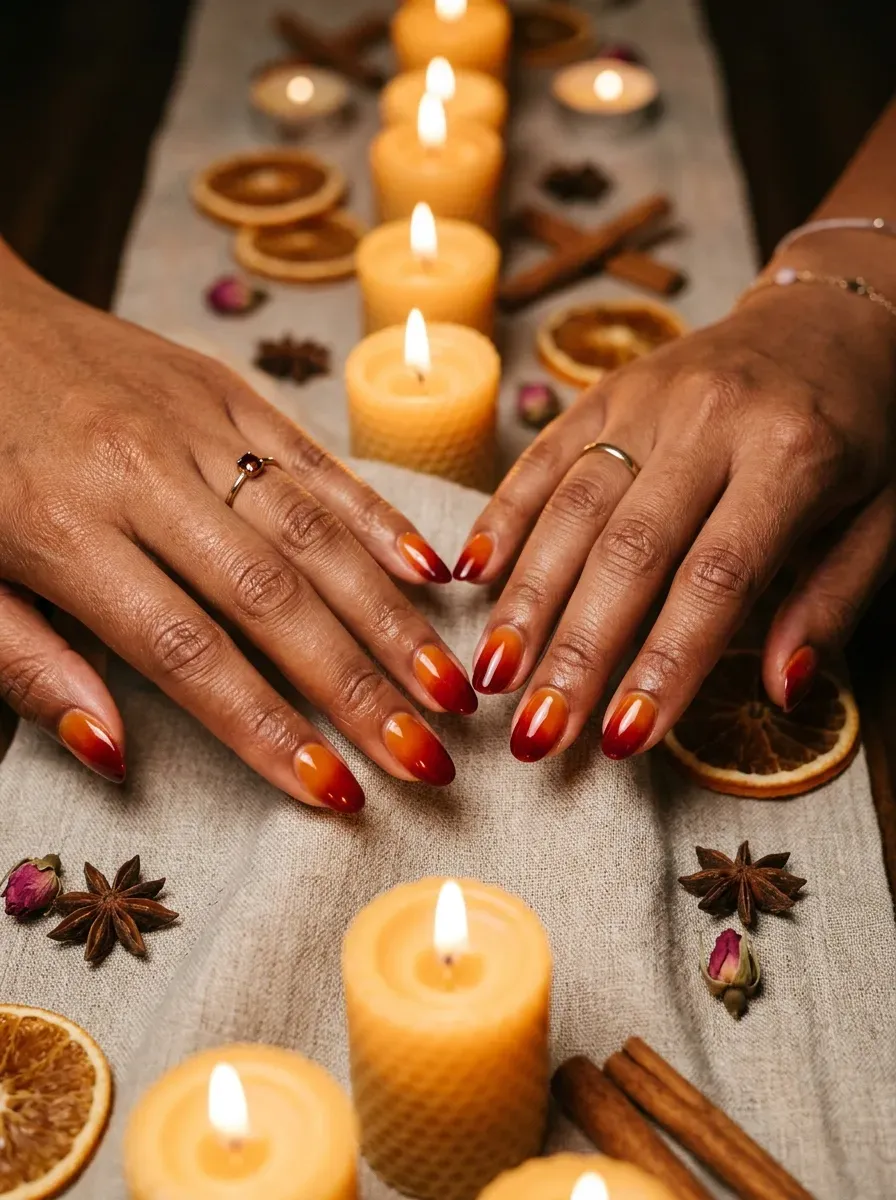 Two hands with matching amber to red ombre gradients resembling candlelight on warm brown skin and brown skin with warm undertones