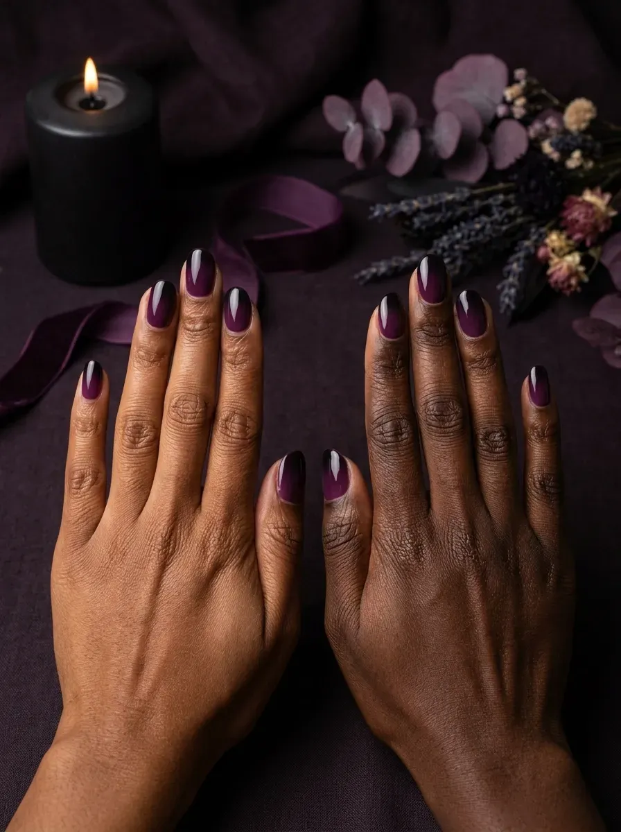 Two hands with matching deep purple to black ombre gradients on warm brown skin and deep chestnut skin