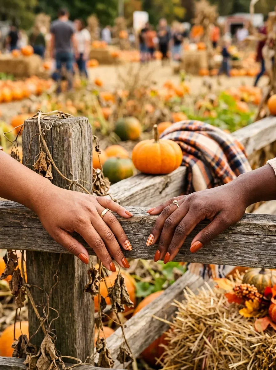 Two hands each with a small gingham print accent nail paired with solid orange nails on warm brown skin and deep chestnut skin