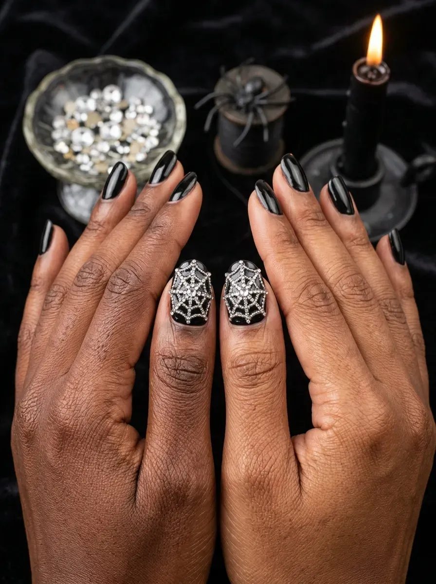 Two hands each with a small rhinestone spiderweb design on the accent nail over a black base on deep chestnut skin and brown skin with warm undertones