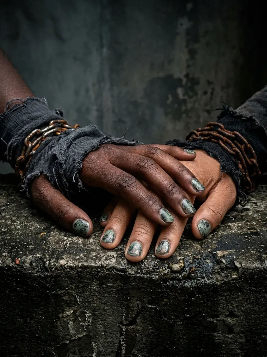 Two hands each with sage green and grey grunge textured nails resembling weathered zombie skin on rich dark skin tone and deep brown skin