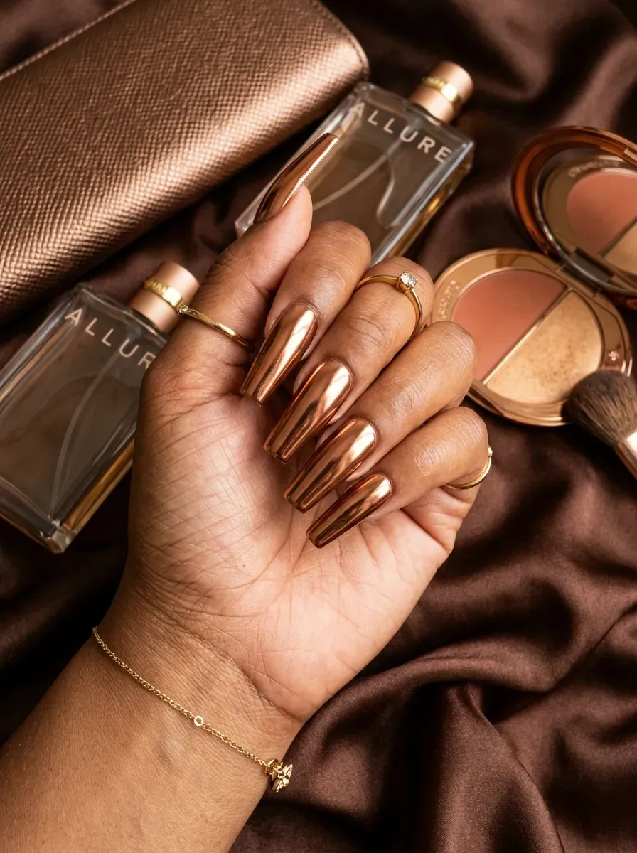 Long copper chrome coffin nails reflecting autumn light on brown skin