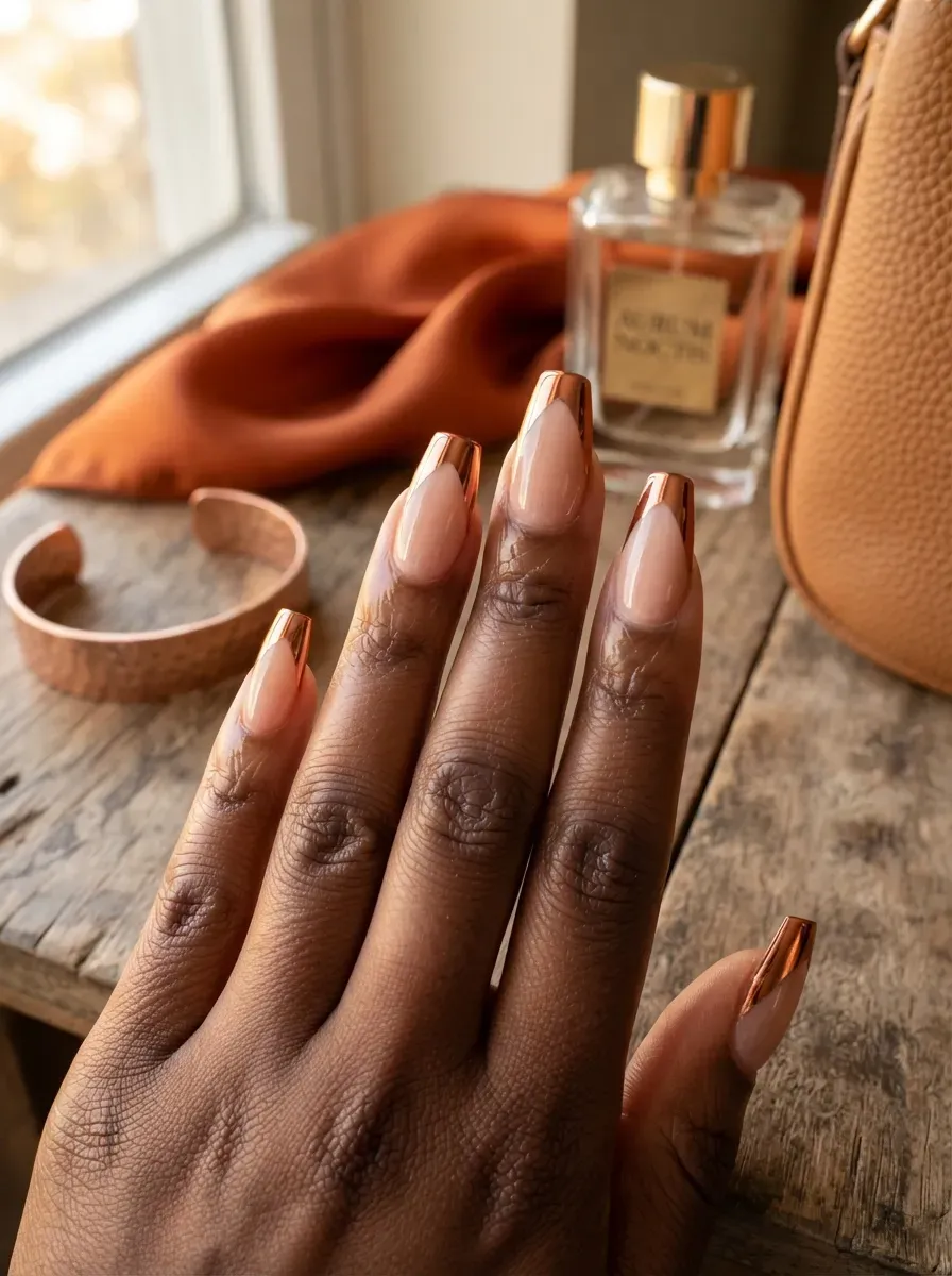 Copper chrome French tips on nude coffin nails over chestnut skin