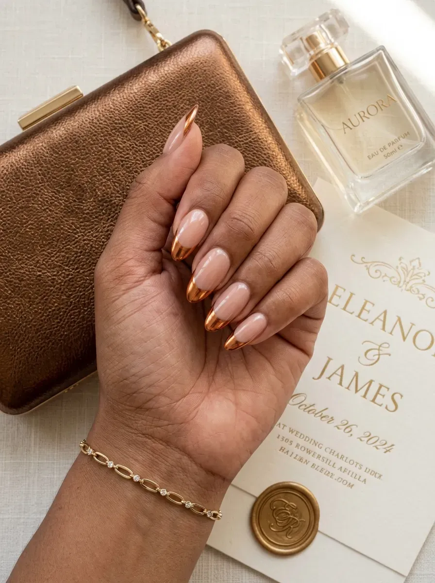 Nude nails with copper chrome French tips on warm brown skin