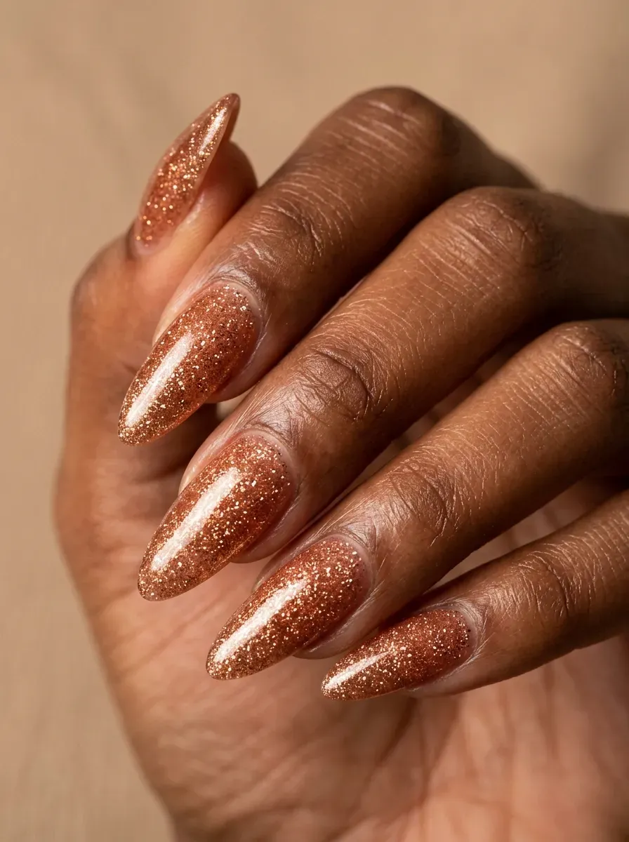 Long almond nails with glowing copper shimmer gel polish on deep chestnut skin