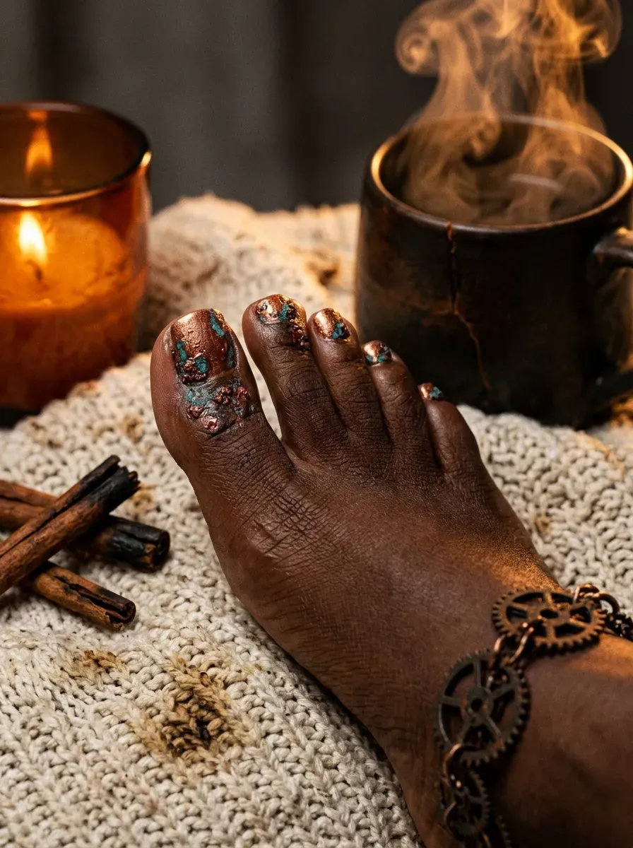 Copper shimmer polish on short toenails with deep chestnut skin