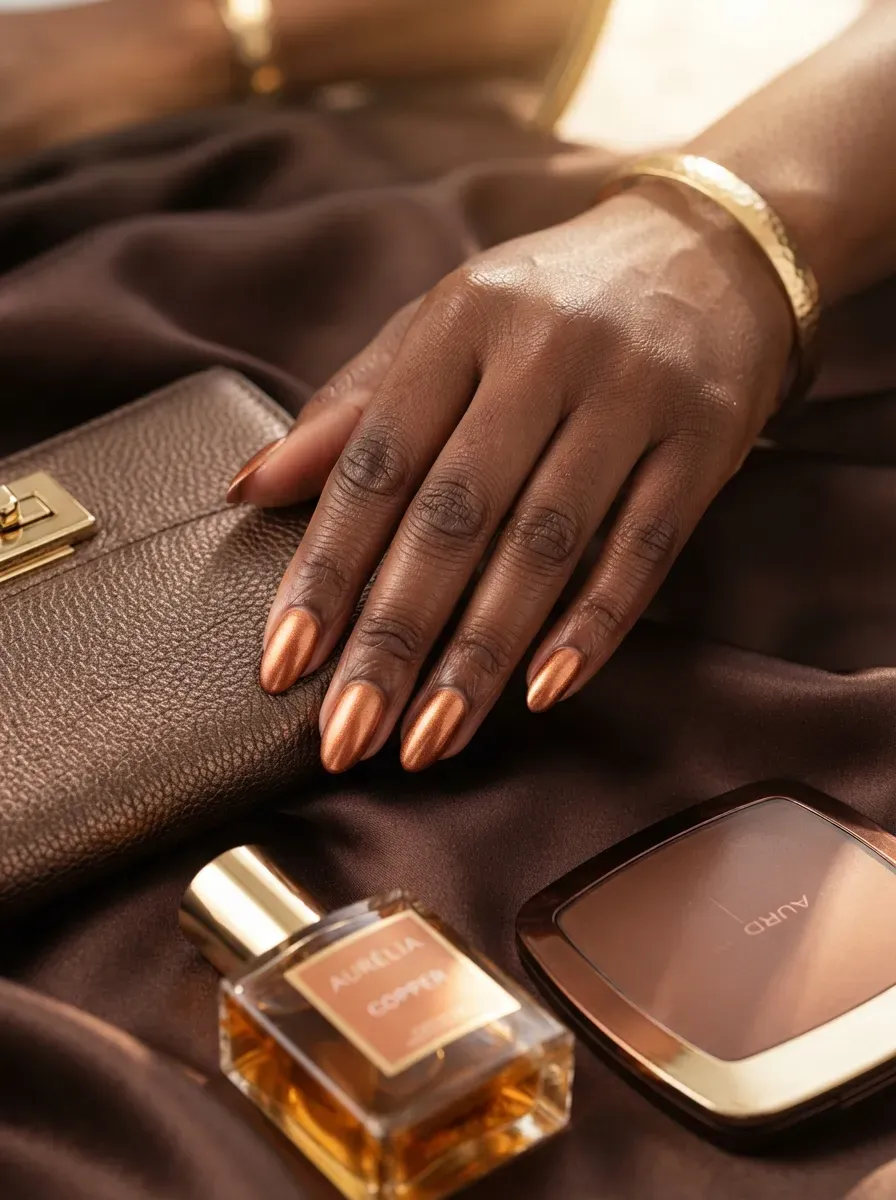 Fine copper shimmer nails on rich dark skin with bronze accessories