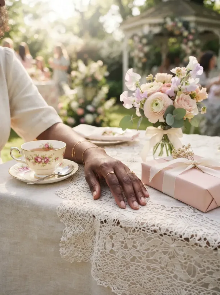 Hand with pastel bow nail art accent resting on a garden party table setting