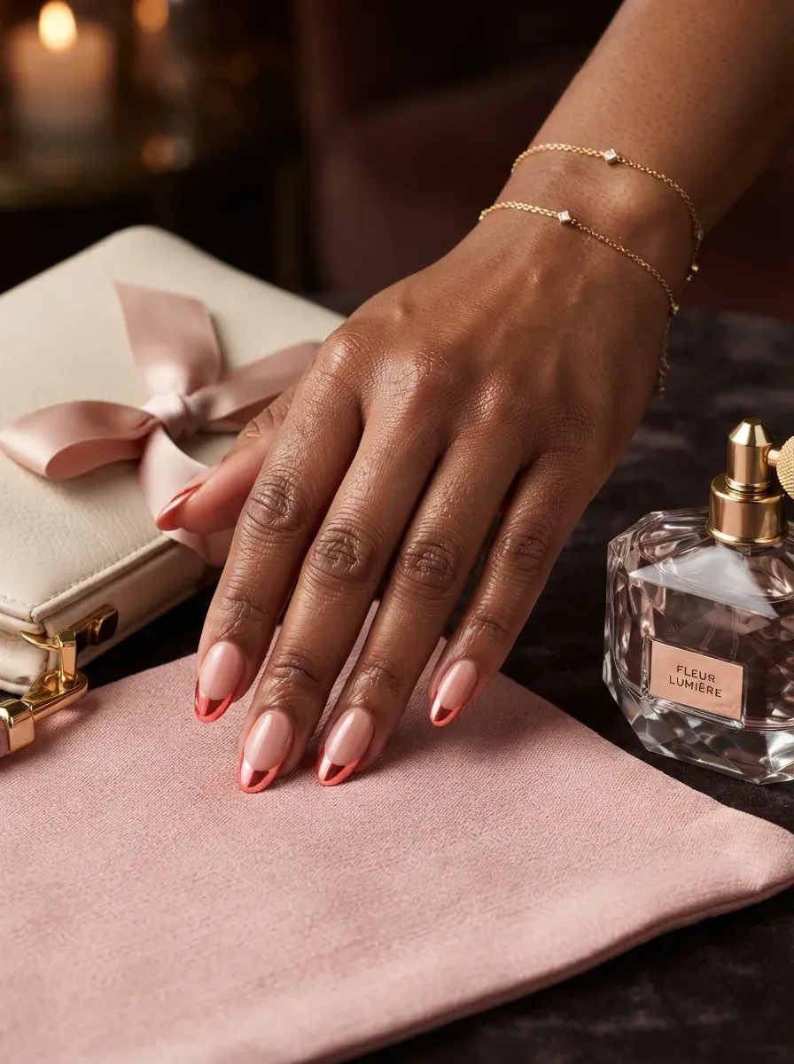 Medium almond nails with reflective coral chrome French tips