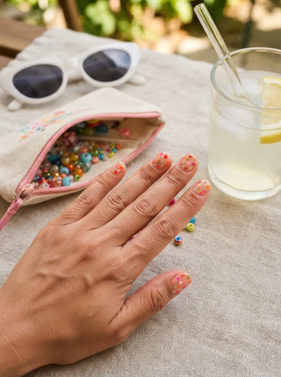 Clear short nails with coral pink orange and gold dots