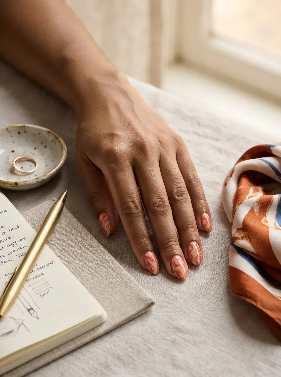 Medium oval nails with flowing coral and cream marble patterns
