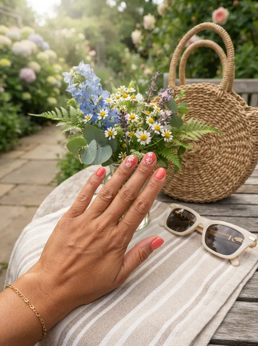 Short coral nails with small white daisies on accent fingers
