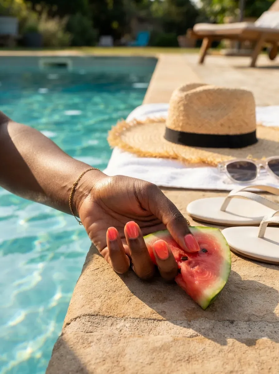 Translucent coral jelly polish on short nails beside a summer pool