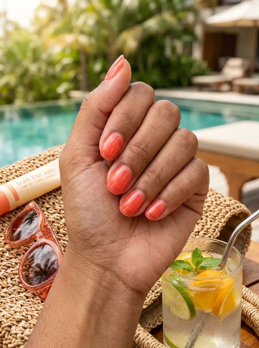 Short rounded nails with translucent coral jelly polish on warm brown skin