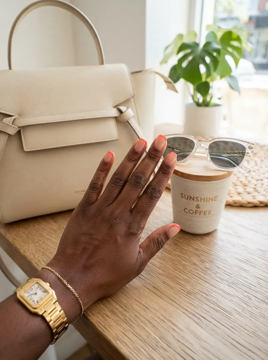 Short nude squoval nails finished with slim coral French tips